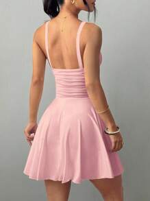 SHEIN Raffinéa Đầm dệt kim ngắn dáng chữ A, cổ chữ V, nhún eo, gợi cảm, thanh lịch, quần áo mùa hè cho nữ khi đi học đại học - Hồng - Xem 2