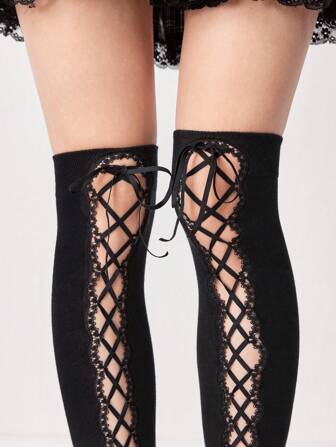 Kawaii 1 Paar Goth Chic Spitzenbesatz offene Strick Überknie-Socken mit elastischen Trägern