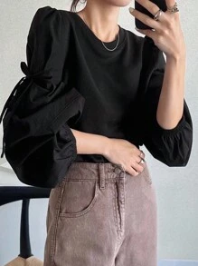 FRIFUL 女士纯色圆领蝴蝶结装饰灯笼袖宽松运动衫黑色衬衫系带前衬衫泡泡袖衬衫系带袖衬衫灯笼袖上衣秋冬 - 黑色 - 查看 5