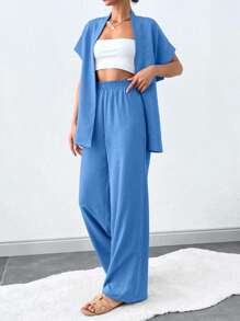 SHEIN Tall 纯色无袖休闲夏季高腰女士两件套（配腰带） - 淺藍色 - 查看 3