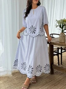 Weeklong Plus Size Vacation Casual Striped Shirt & Skirt 2 Pieces Set - Blue and White - View 7