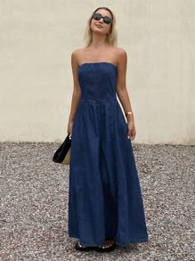 Livesso Vestido de mezclilla de cintura ceñida y longitud media sin tirantes para mujer - Azul - Ver 6