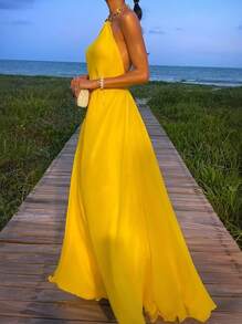 INAWLY Plus Size Women's Fashion Casual Elegant Romantic Solid Color Maxi Dress, Suitable For Vacation - Yellow - View 1