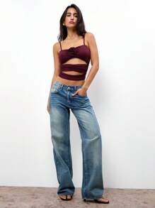 Maija Red Hollow Out Waist Fitted Women's Camisole With 3D Rose Flower Decor, Elegant Body-Flattering For Casual, Holiday, Party, Versatile, Spring/Summer