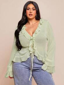 SHEIN BAE Bluză elegantă din șifon pentru femei, mărime plus, de primăvară timpurie, cu tiv cu volane, mânecă lungă, potrivită pentru întâlniri romantice, ieșiri cu prietenii, activități de vacanță și ieșiri elegante de zi cu zi.