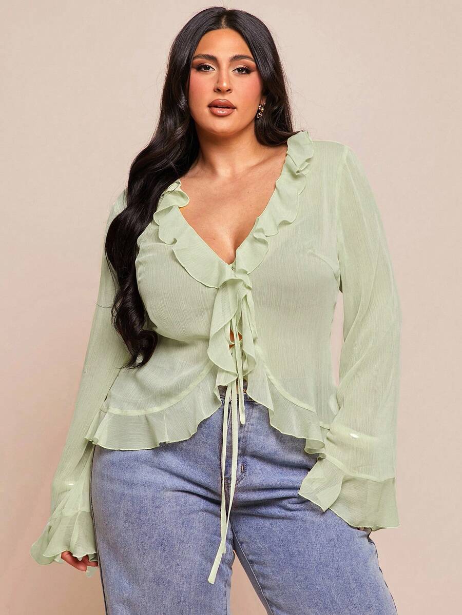 SHEIN BAE Bluză elegantă din șifon pentru femei, mărime plus, de primăvară timpurie, cu tiv cu volane, mânecă lungă, potrivită pentru întâlniri romantice, ieșiri cu prietenii, activități de vacanță și ieșiri elegante de zi cu zi.