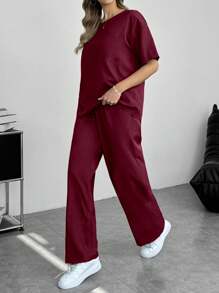 INAWLY Bộ 2 món đồ cho nữ Áo thun cổ tròn tay ngắn và quần dài trang phục thường ngày - Màu Đỏ Sâu - Xem 5