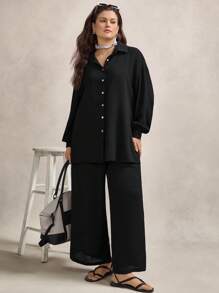 Zelara Plus Drop Shoulder Solid Shirt & Trousers Set - Black - View 7