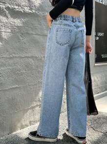 Tween Girls' Wide Leg Jeans, Street-Style Cool & Fashionable Casual College Look, Light Blue Washed Denim With Red + Black English Graphic Print For Edgy Vibe, Relaxed Fit Hides Flaws, Elastic Waistband For Comfort, Suitable For Daily Outings, Dates, Leisure Activities, Back To School Season, Vacations, A Versatile Fashion Piece For Year-Round Wear - Light Wash - View 2