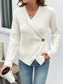 EMERY ROSE Jersey de punto acanalado de cuello en V de manga larga, otoño/invierno, jersey de punto de alta gama para el otoño