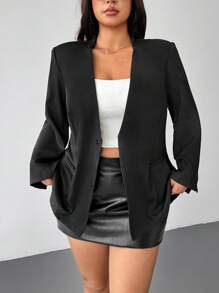 SHEIN EZwear 秋季女士加大码休闲宽松无领西装外套 - 黑色 - 查看 11