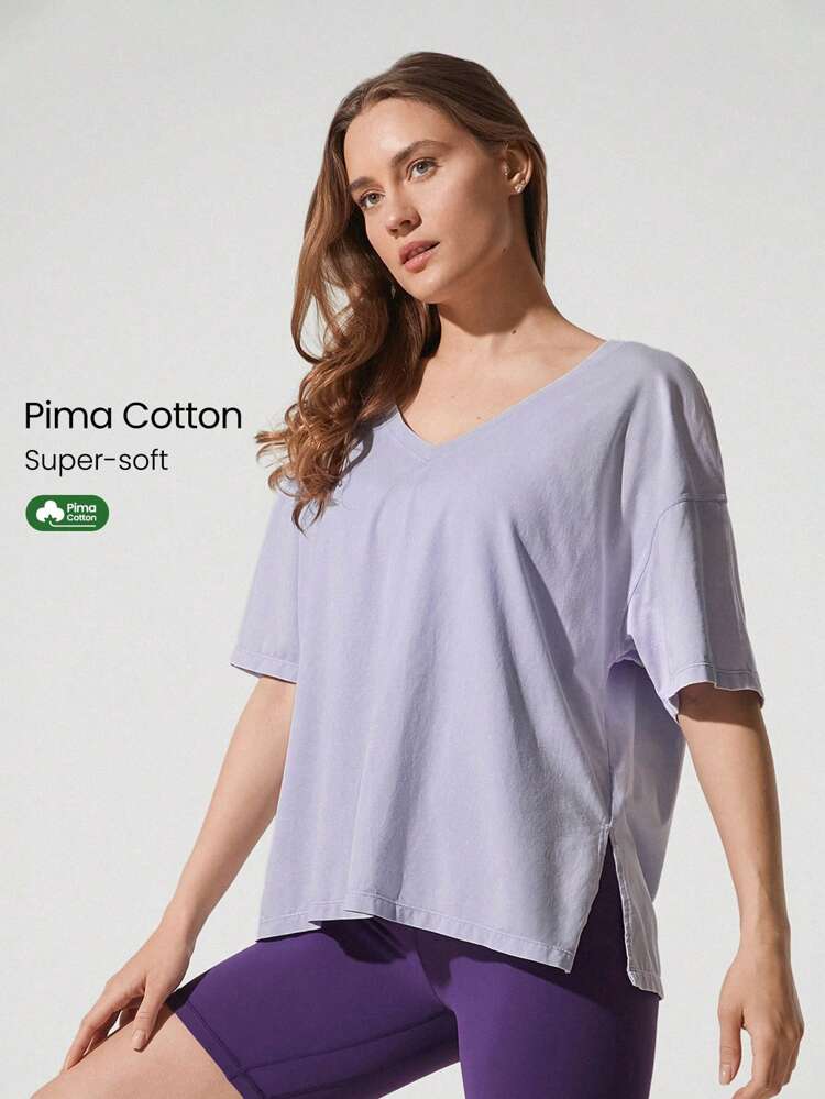 Pima Cotton Side Slits Oversized V-Neck Active Tee Shirt Daily Casual Wear