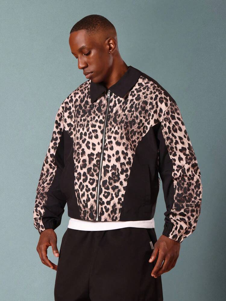 Harrington Windbreaker With Leopard Print Pattern
