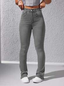 EURMUSE 女式口袋紧身休闲百搭牛仔裤 - 淺灰色 - 查看 1