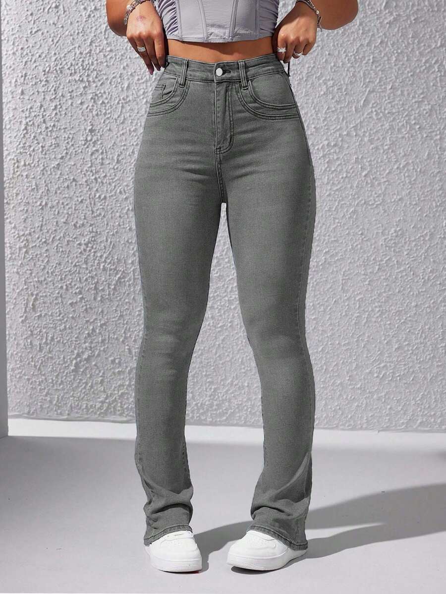 EURMUSE 女式口袋紧身休闲百搭牛仔裤 - 淺灰色 - 查看 1