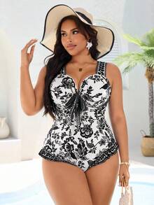 Swim Vcay Plus Size One-Piece Floral Print Swimsuit, Vacation Style, Autumn - Black and White - View 4