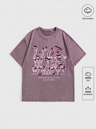 Grunge Punk Damen Metallic Buchstaben & Rose Blumen zufälliges Säure-gewaschenes T-Shirt
