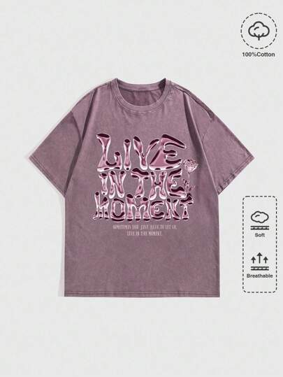 Grunge Punk T-shirt acide lavé aléatoire pour femmes avec lettres métalliques et motif floral rose