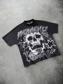 Manfinity ZONE917 Men's Black Graphic T-Shirt With Skull Print And Stars, Hip-Hop Streetwear Style - Black - View 5