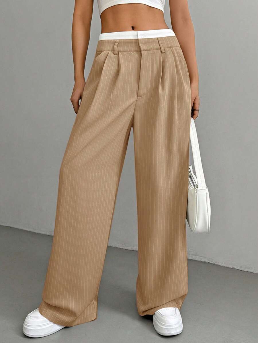 SHEIN EZwear Women's Casual Wide-Leg Striped Suit Pants With Zipper For Everyday Style In Fall/Winter