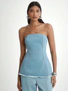 Daynim 女士休闲度假磨边牛仔抹胸 - 淺色水洗藍 - 查看 5