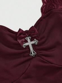 ROMWE Goth Y2K Punk Sweet Heart Cross Contrast Lace Asymmetrical Hem Camisole - Burgundy - View 4