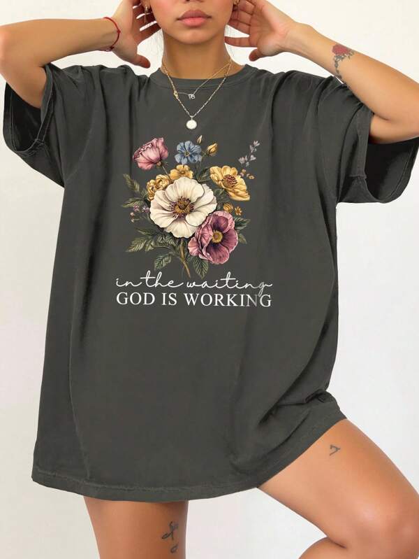 INAWLY Plus Size Women Letter & Floral Print Round Neck Short Sleeve Casual T-Shirt