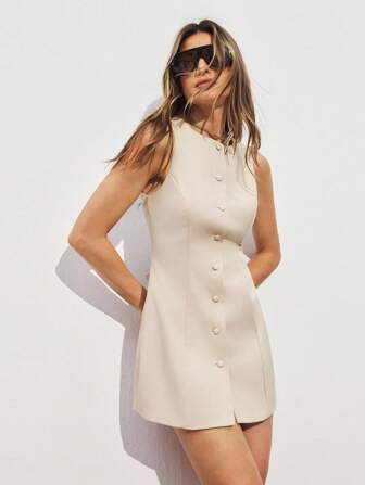 ATUI Studio Vestido mini de mujer de un solo pecho sin mangas de cuello redondo y unicolor