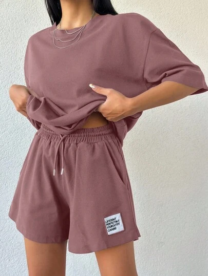 EURMUSE 100%Cotton Women Solid Color T-Shirt & Embroidery Detailed Shorts