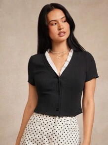 WESTFADE 混合材质罗纹针织和梭织荷叶边 V 领纽扣前长袖开衫 Y2K 秋季返校季 - 黑色 - 查看 5