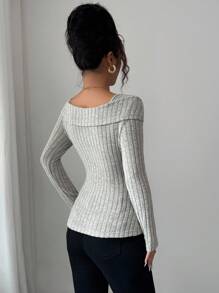 Elenzga Elegant Everyday Turndown Collar Decorative Button Textured Fuzzy Ribbed Women T-Shirt Fall Cloth For Women - Khaki - View 2