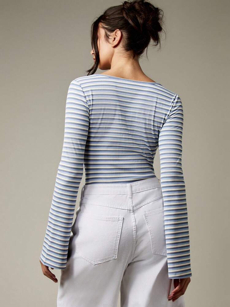 MISSGUIDED Striped Ribbed Bodysuit With Keyhole Front