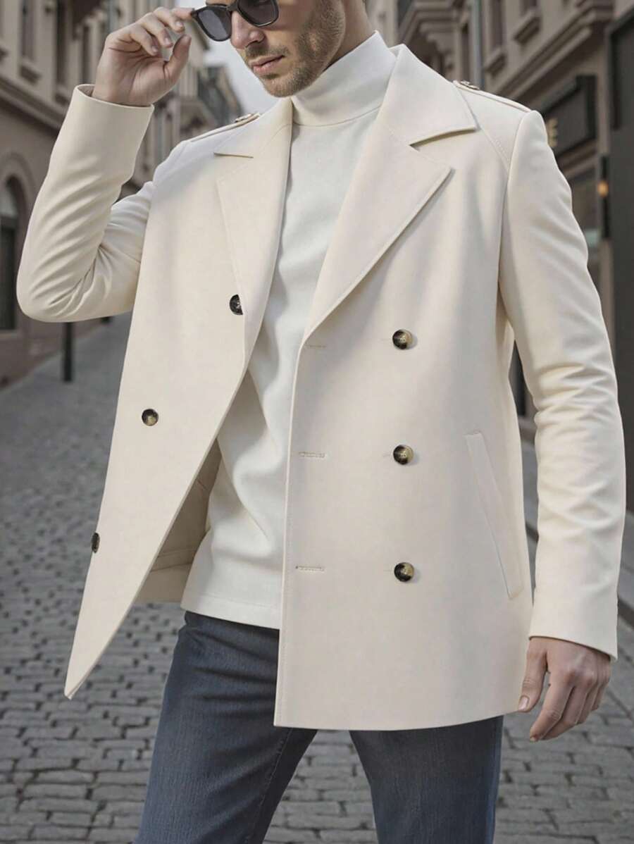 Manfinity Homme 男士纯色双排扣肩章长袖翻领休闲风衣,米色,秋季款 - 卡其色 - 查看 1