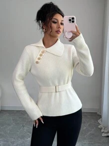 SHEIN LUNE Women's Waist Cinching Button Design Long Sleeve Sweater, Autumn/Winter Knit Pullover Fall - Apricot - View 5