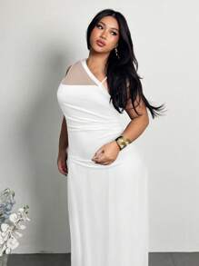 Firerie Plus Size Women's Elegant Minimalist Chic Fashion Basic Ins Style Dress, Suitable For Office, Commute, Music Festival, Beach Vacation, Sheer Asymmetrical Neck Ruched Bodycon Sleeveless Maxi Dress