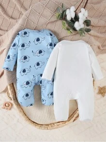 SHEIN 2件套新生儿可爱大象印花白色和蓝色简约长袖连脚连体睡衣 - 白色 - 查看 2