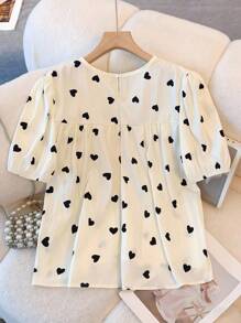 GlowEve CURVE Plus Size Heart Print Elastic Gathered Hem Round Neck Casual Shirt