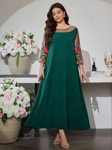 Al Najma Round Neck Puff Sleeve Colorful Embroidery Loose Hem Dress, Spring/Autumn - Dark Green - View 7