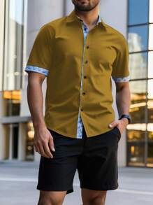 Manfinity Homme Plus Size Men's Summer Casual Contrast Trim Button Front Short Sleeve Shirt