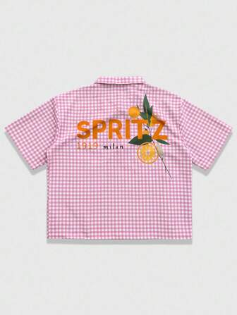 Street Life Camisa casual a cuadros de manga corta con estampado de letras para hombre