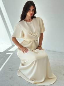 Firerie 女士优雅休闲通勤杏色圆领荷叶边短袖修身衬衫上衣和 A 字宽松短裙 2 件套 - 杏色 - 查看 6