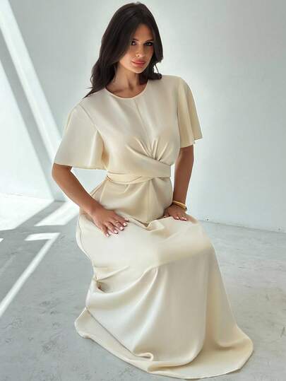 Firerie Women's Elegant Casual Commuter Apricot Round Neck Ruffle Short Sleeve Fitted Blouse Top & A-Line Loose Skirt 2 Pieces Set