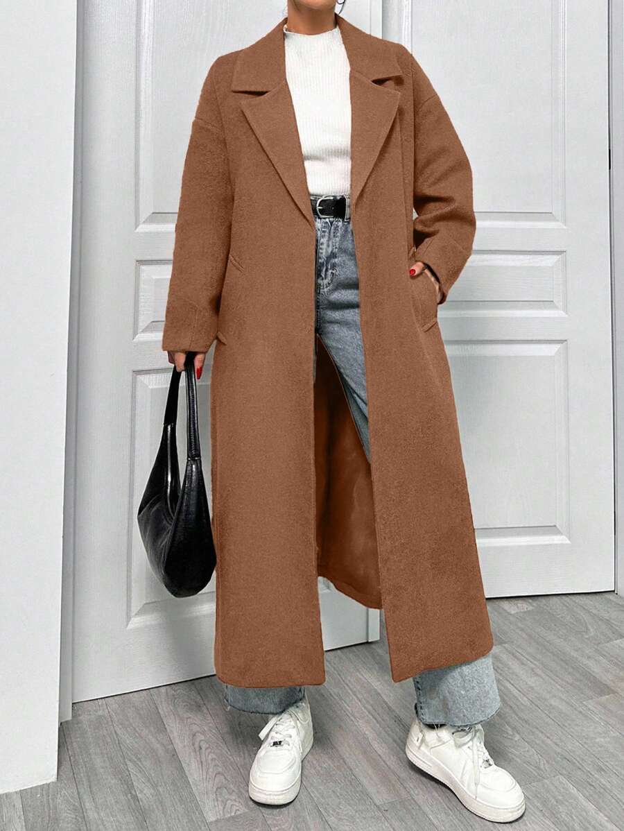 EURMUSE Lapel Neck Double Breasted Slant Pocket Waist Belt Tie-Up Woolen Overcoat - Mocha Brown - View 1