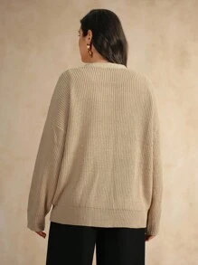 Flouryn Plus Size Elegant Commuter Solid Color Lace Trim Cardigan Fall Winter Cloth For Women Autumn - Khaki - View 3