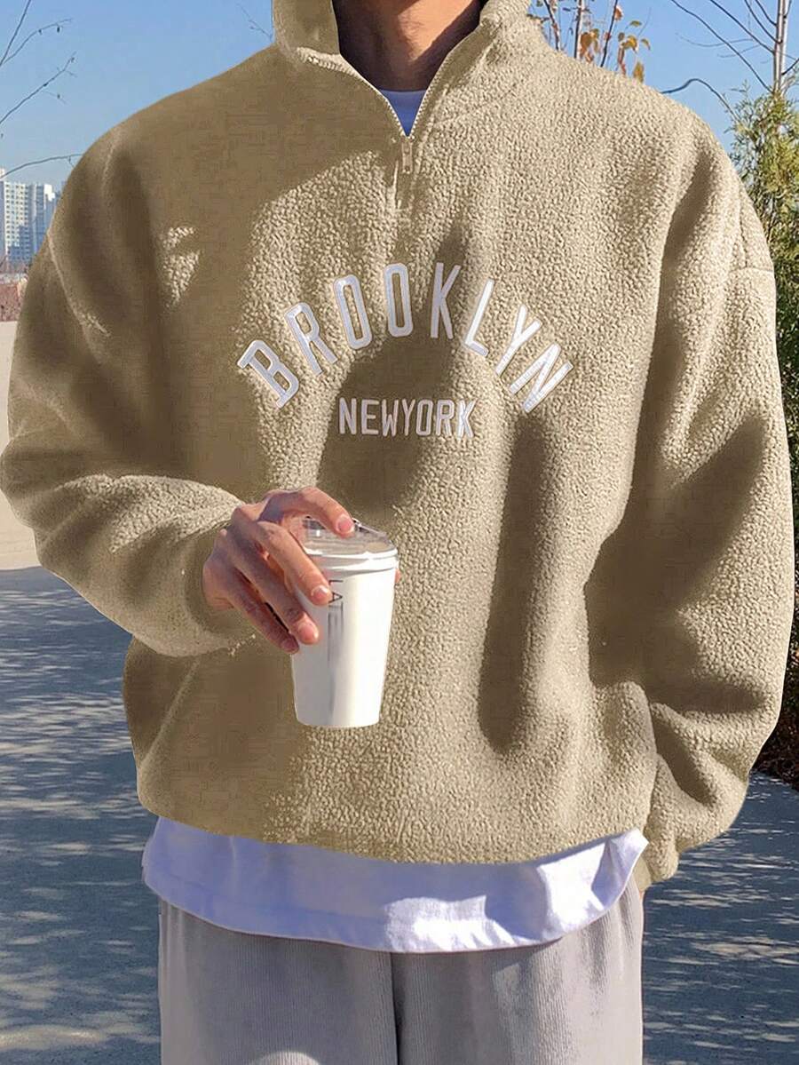 DAZY 男士米色字母刺绣套头卫衣，秋季七分拉链款