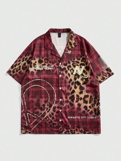 Grunge Punk Men's Patchwork Leopard Plaid Print Casual Shirt, Suitable For Spring/Summer