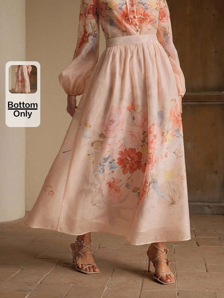 Anewsta Elaire Falda larga y elegante de corte A con estampado floral de loto rosa, ideal para primavera, verano, festivales, vacaciones