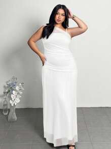 Firerie Plus Size Women's Elegant Minimalist Chic Fashion Basic Ins Style Dress, Suitable For Office, Commute, Music Festival, Beach Vacation, Sheer Asymmetrical Neck Ruched Bodycon Sleeveless Maxi Dress