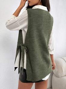 EURMUSE Round Neck Sleeveless Sweater With Pearls - Army Green - View 2