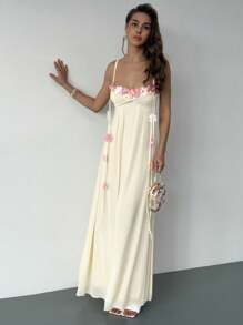 Aloruh 女士优雅 3D 花卉装饰吊带裙，夏季 - 杏色 - 查看 7